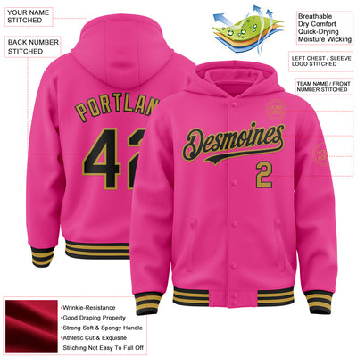 Custom Pink Black-Old Gold Bomber Full-Snap Varsity Letterman Hoodie Jacket