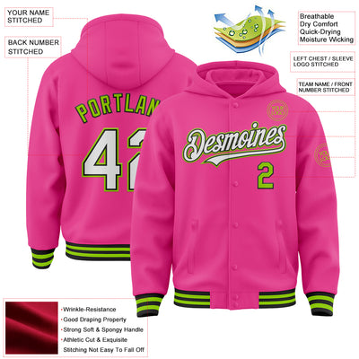 Custom Pink Black-Neon Green Bomber Full-Snap Varsity Letterman Hoodie Jacket