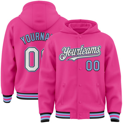 Custom Pink Black-Light Blue Bomber Full-Snap Varsity Letterman Hoodie Jacket