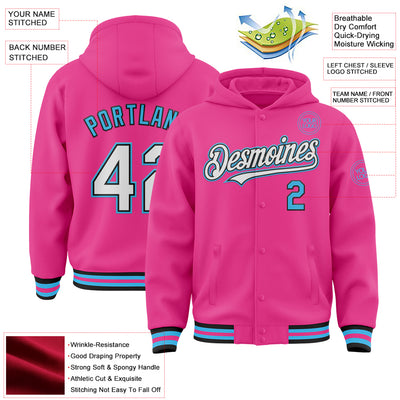 Custom Pink Black-Sky Blue Bomber Full-Snap Varsity Letterman Hoodie Jacket