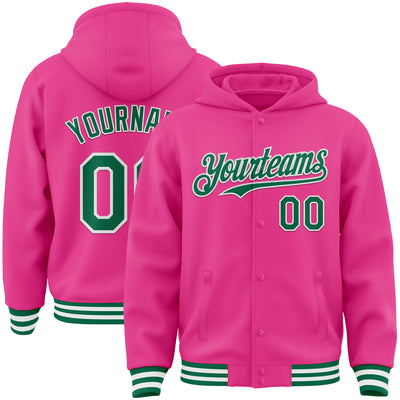 Custom Pink Kelly Green-White Bomber Full-Snap Varsity Letterman Hoodie Jacket