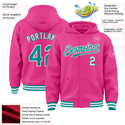 Custom Pink Teal-White Bomber Full-Snap Varsity Letterman Hoodie Jacket