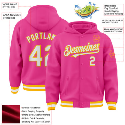 Custom Pink White-Gold Bomber Full-Snap Varsity Letterman Hoodie Jacket