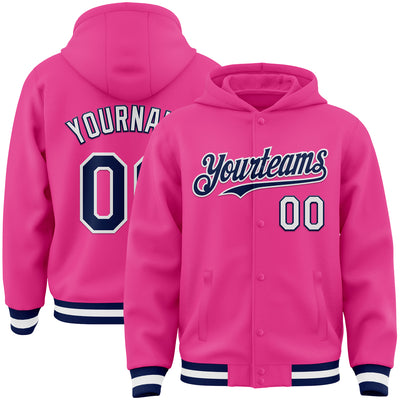 Custom Pink Navy-White Bomber Full-Snap Varsity Letterman Hoodie Jacket