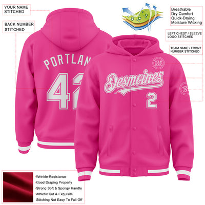 Custom Pink White Bomber Full-Snap Varsity Letterman Hoodie Jacket