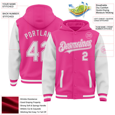 Custom Pink White Bomber Full-Snap Varsity Letterman Two Tone Hoodie Jacket