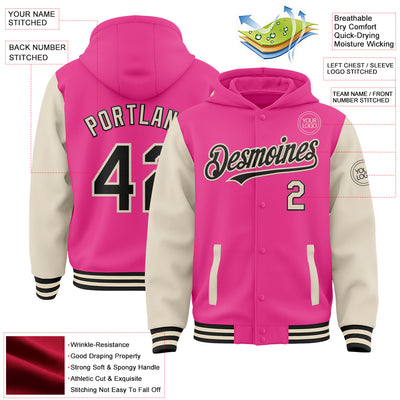 Custom Pink Black-Cream Bomber Full-Snap Varsity Letterman Two Tone Hoodie Jacket