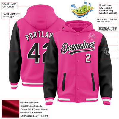 Custom Pink Black-White Bomber Full-Snap Varsity Letterman Two Tone Hoodie Jacket