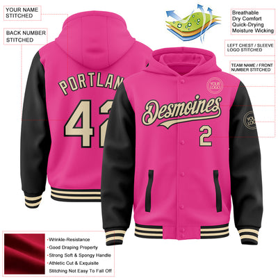 Custom Pink Cream-Black Bomber Full-Snap Varsity Letterman Two Tone Hoodie Jacket