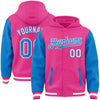 Custom Pink Powder Blue-White Bomber Full-Snap Varsity Letterman Two Tone Hoodie Jacket