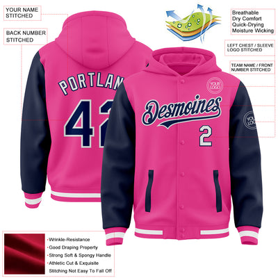 Custom Pink Navy-White Bomber Full-Snap Varsity Letterman Two Tone Hoodie Jacket