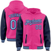 Custom Pink Light Blue-Navy Bomber Full-Snap Varsity Letterman Two Tone Hoodie Jacket