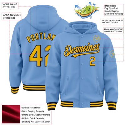 Custom Light Blue Gold-Black Bomber Full-Snap Varsity Letterman Hoodie Jacket