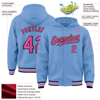 Custom Light Blue Pink-Black Bomber Full-Snap Varsity Letterman Hoodie Jacket