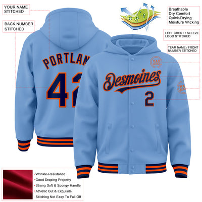 Custom Light Blue Navy-Orange Bomber Full-Snap Varsity Letterman Hoodie Jacket