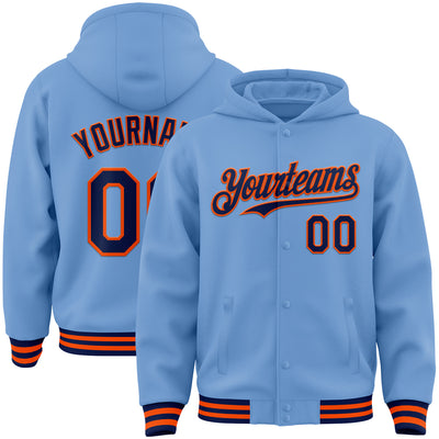 Custom Light Blue Navy-Orange Bomber Full-Snap Varsity Letterman Hoodie Jacket