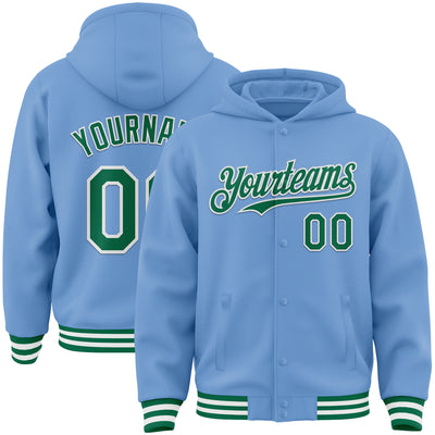 Custom Light Blue Kelly Green-White Bomber Full-Snap Varsity Letterman Hoodie Jacket