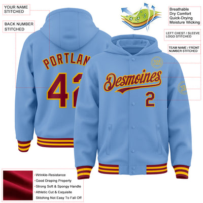 Custom Light Blue Crimson-Gold Bomber Full-Snap Varsity Letterman Hoodie Jacket