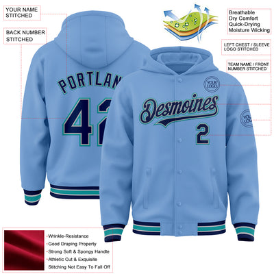 Custom Light Blue Navy Gray-Teal Bomber Full-Snap Varsity Letterman Hoodie Jacket