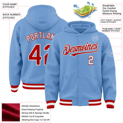 Custom Light Blue Red-White Bomber Full-Snap Varsity Letterman Hoodie Jacket