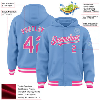 Custom Light Blue Pink-White Bomber Full-Snap Varsity Letterman Hoodie Jacket