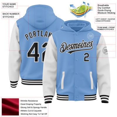 Custom Light Blue Black-White Bomber Full-Snap Varsity Letterman Two Tone Hoodie Jacket