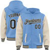 Custom Light Blue Black-Cream Bomber Full-Snap Varsity Letterman Two Tone Hoodie Jacket