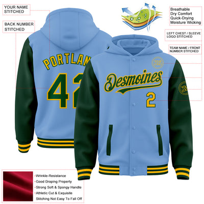 Custom Light Blue Green-Gold Bomber Full-Snap Varsity Letterman Two Tone Hoodie Jacket