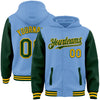 Custom Light Blue Green-Gold Bomber Full-Snap Varsity Letterman Two Tone Hoodie Jacket