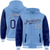 Custom Light Blue Royal-White Bomber Full-Snap Varsity Letterman Two Tone Hoodie Jacket