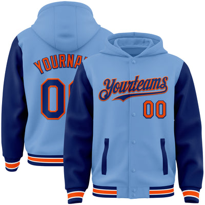 Custom Light Blue Royal-Orange Bomber Full-Snap Varsity Letterman Two Tone Hoodie Jacket