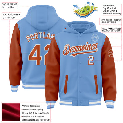 Custom Light Blue Texas Orange-White Bomber Full-Snap Varsity Letterman Two Tone Hoodie Jacket