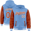 Custom Light Blue Texas Orange-White Bomber Full-Snap Varsity Letterman Two Tone Hoodie Jacket