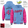 Custom Light Blue Pink-Black Bomber Full-Snap Varsity Letterman Two Tone Hoodie Jacket