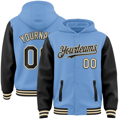 Custom Light Blue Black-Cream Bomber Full-Snap Varsity Letterman Two Tone Hoodie Jacket