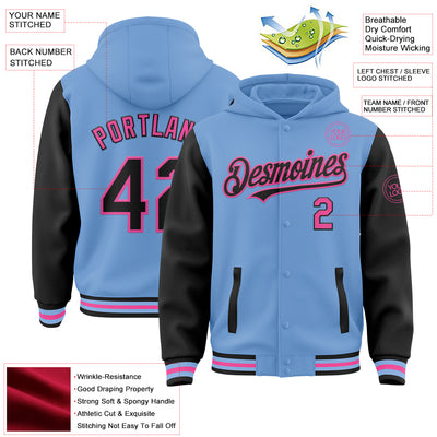 Custom Light Blue Black-Pink Bomber Full-Snap Varsity Letterman Two Tone Hoodie Jacket