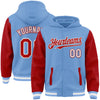 Custom Light Blue Red-White Bomber Full-Snap Varsity Letterman Two Tone Hoodie Jacket