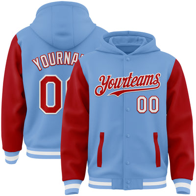 Custom Light Blue Red-White Bomber Full-Snap Varsity Letterman Two Tone Hoodie Jacket