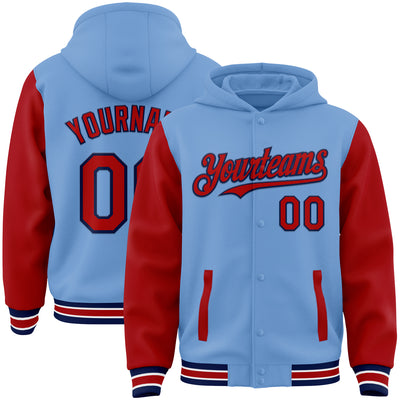 Custom Light Blue Red-Navy Bomber Full-Snap Varsity Letterman Two Tone Hoodie Jacket