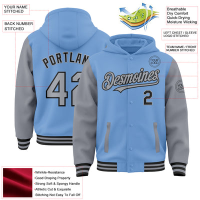 Custom Light Blue Gray-Black Bomber Full-Snap Varsity Letterman Two Tone Hoodie Jacket