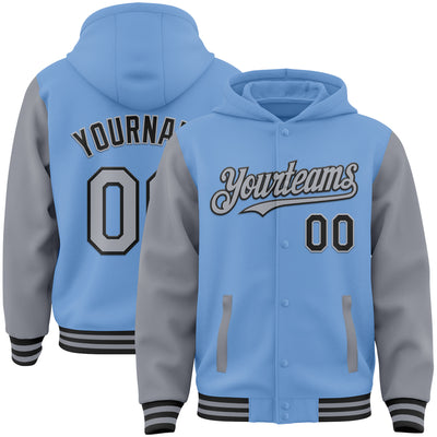 Custom Light Blue Gray-Black Bomber Full-Snap Varsity Letterman Two Tone Hoodie Jacket