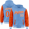 Custom Light Blue Orange-White Bomber Full-Snap Varsity Letterman Two Tone Hoodie Jacket