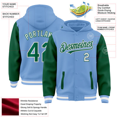 Custom Light Blue Kelly Green-White Bomber Full-Snap Varsity Letterman Two Tone Hoodie Jacket