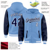 Custom Light Blue Navy-White Bomber Full-Snap Varsity Letterman Two Tone Hoodie Jacket