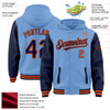 Custom Light Blue Navy-Orange Bomber Full-Snap Varsity Letterman Two Tone Hoodie Jacket