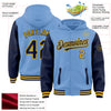 Custom Light Blue Navy-Gold Bomber Full-Snap Varsity Letterman Two Tone Hoodie Jacket