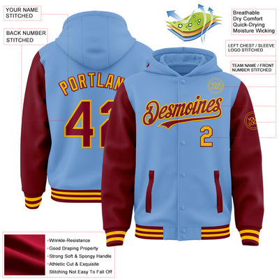 Custom Light Blue Crimson-Gold Bomber Full-Snap Varsity Letterman Two Tone Hoodie Jacket