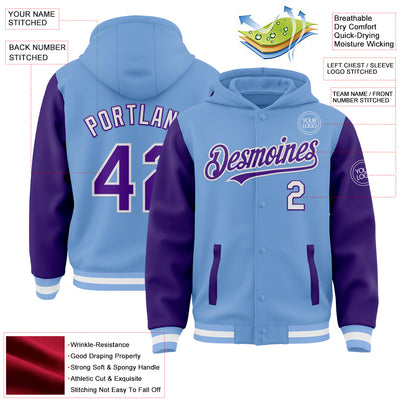 Custom Light Blue Purple-White Bomber Full-Snap Varsity Letterman Two Tone Hoodie Jacket