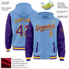 Custom Light Blue Purple-Gold Bomber Full-Snap Varsity Letterman Two Tone Hoodie Jacket