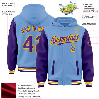 Custom Light Blue Purple-Gold Bomber Full-Snap Varsity Letterman Two Tone Hoodie Jacket